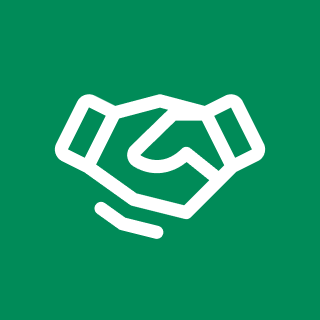 2 Icon of two white hands shaking on a green background.