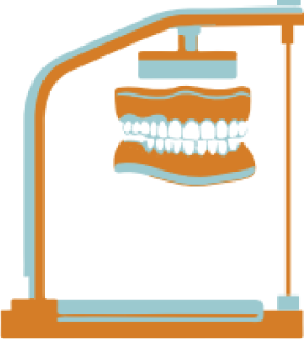 Group 3 Illustration of a dental X-ray machine with focus on a set of teeth, highlighting upper and lower jaws.
