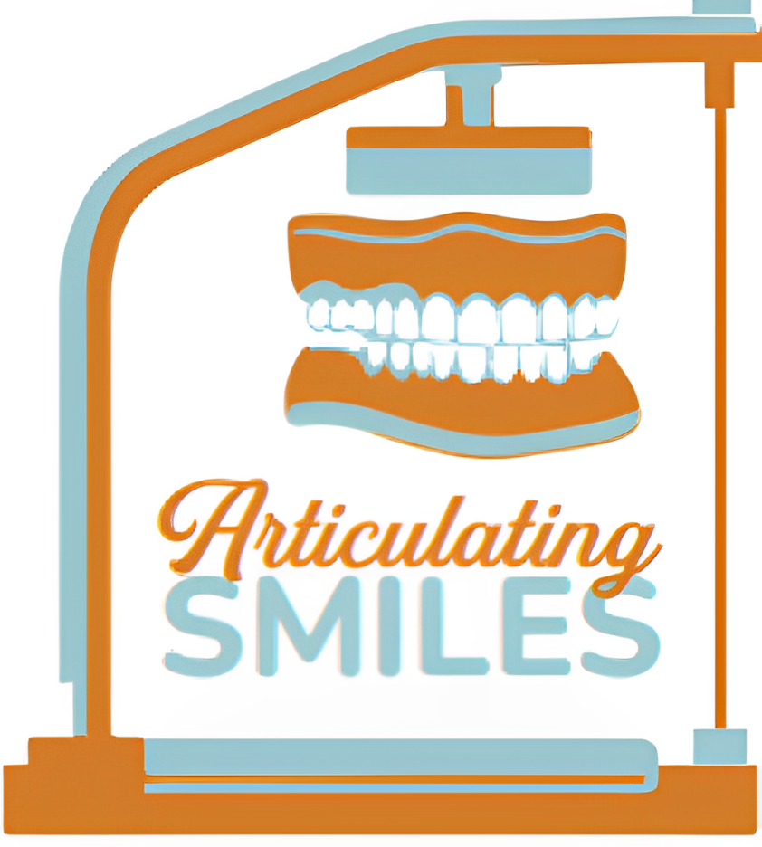 Illustration of a dental articulator with dentures positioned inside. Text reads "Articulating Smiles" below the device.