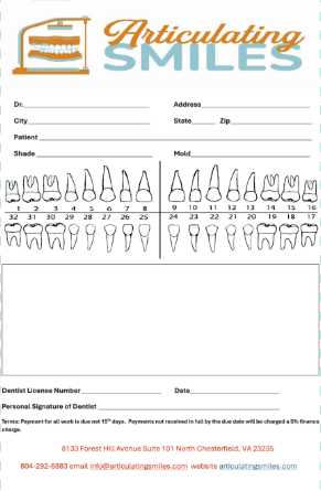 Art-Smiles-Lab-RX A dental chart with teeth and numbers on it.